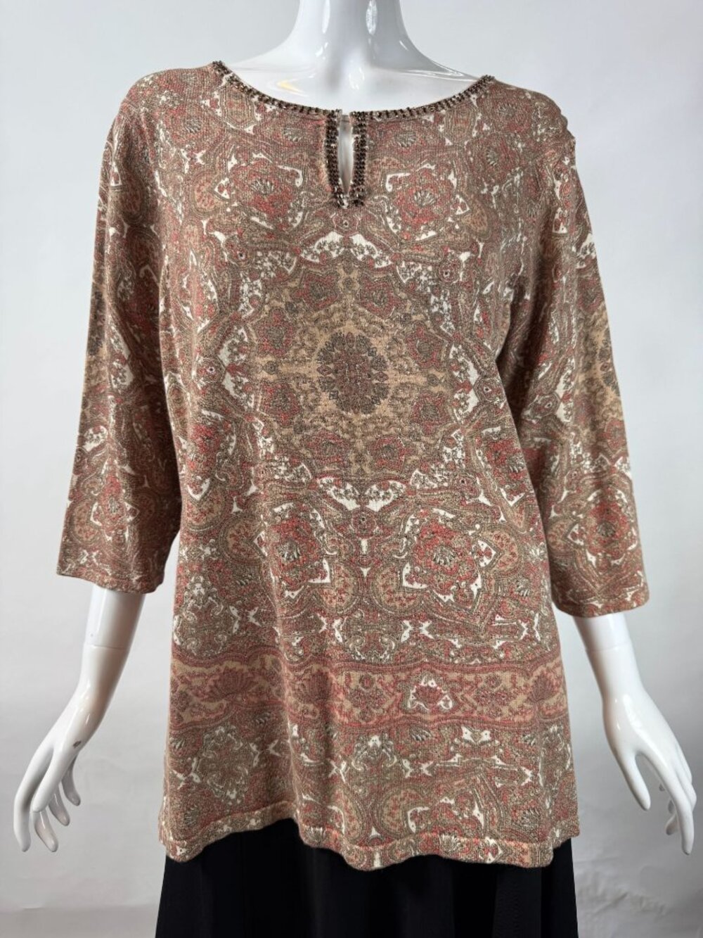 Emma James Beaded Neckline Paisley Print Womens Top 2X Silk Blend 3/4 Sleeve